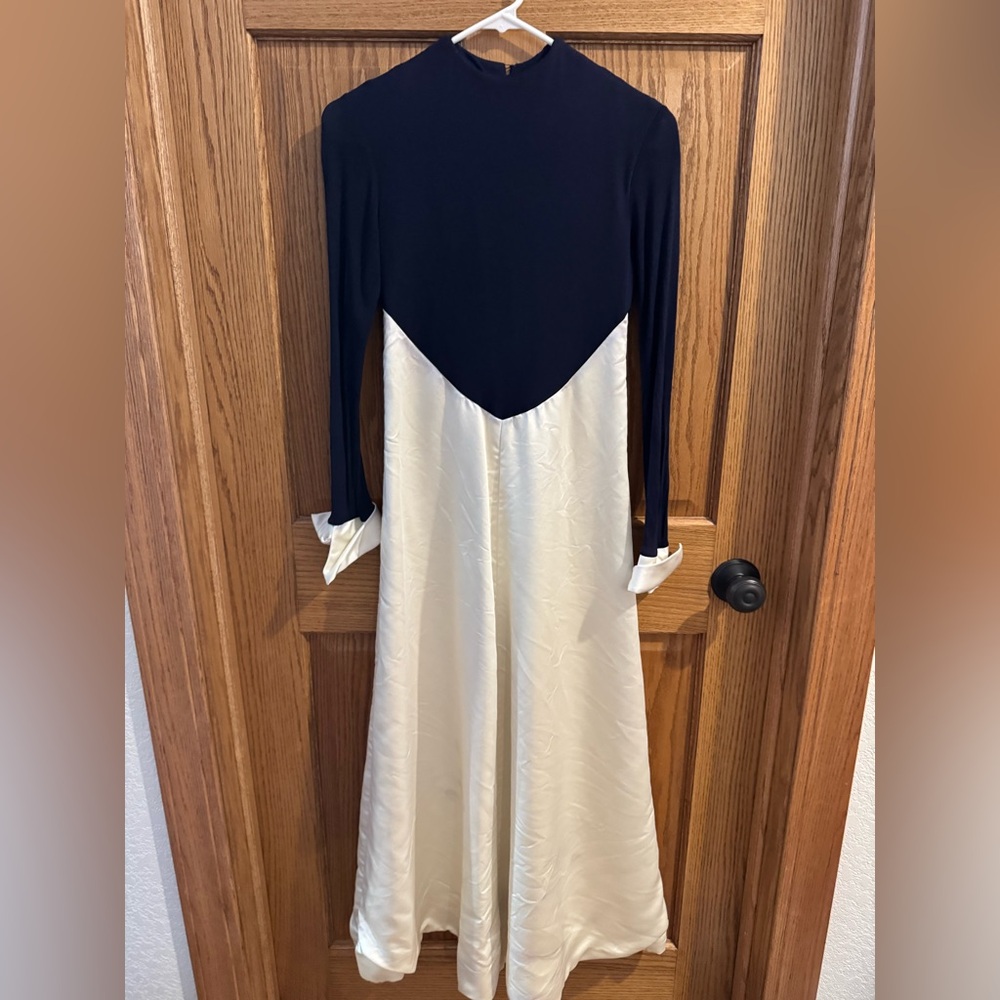 Vintage Saks Fifth Avenue Navy & Ivory Lined Satin Colorblock Gown Dress. XS